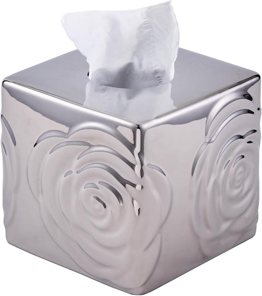 Silver Ceramic Cube Tissue Box Cover with Rose – Large Elegant Rose Floral Square Decorative Tissue Box Holder for Bathroom, Bedroom, Office Desk, Kitchen Counter – Perfect Housewarming Gift