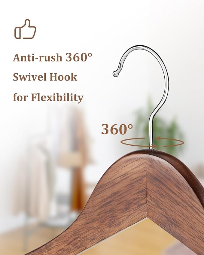 AMKUFO Wooden Hangers 20 Pack Wood Suit Hanger Non Slip Coat Hangers with Smooth Fnish Cut Notches 360° Swivel Hook Clothes Hangers for Jeans Pants Jackets Shirts Dresses, Walnut