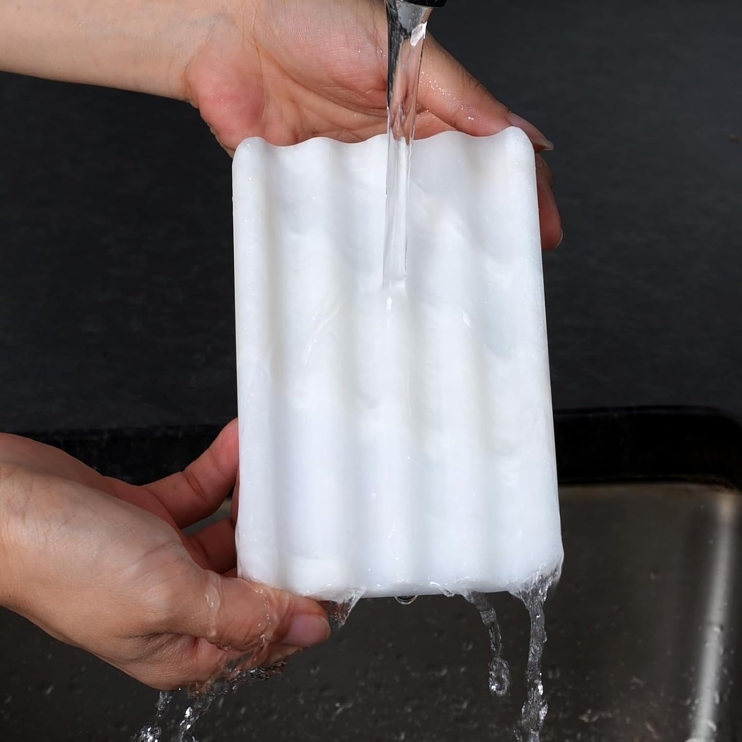 2PCS Koville African Natural Marble Soap Dish for Shower, Stone Soap Tray for Bathroom, Bar Soap Holder for Sink, Stripe Grooves Saver Keep Bars Dry Easy Clean (Namib Bianco)