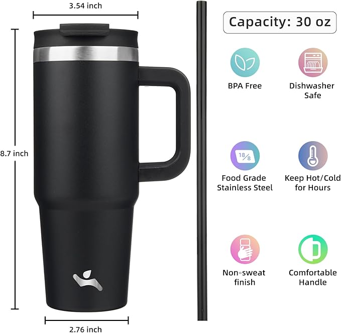 30 oz Tumbler with Handle and 2 Straws,2 in 1 Lid Insulated Water Bottle Stainless Steel Travel Coffee Mug,Black
