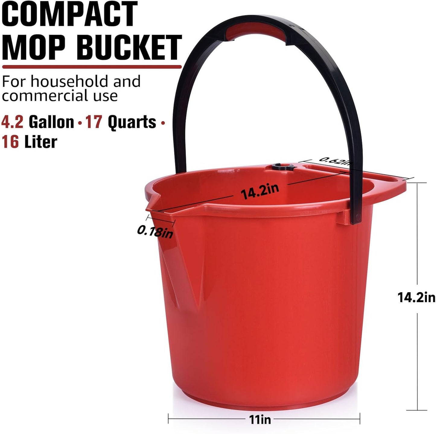Matthew Cleaning 4.2 Gallon Mop Bucket, Heavy Duty Plastic Cleaning Bucket with Built-in Pour Spout, Mop Holder and Comfort Grip Handle, House and Commercial Cleaning Supplies, 2 Pack Red