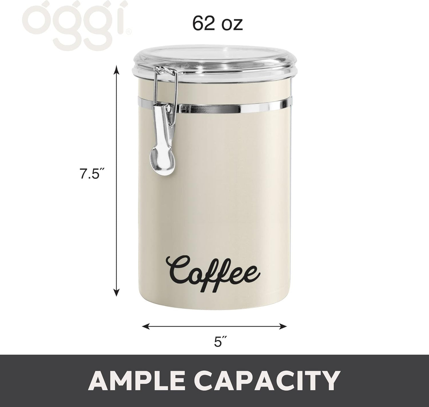 Oggi Stainless Steel Coffee Canister 62 fl oz - Airtight Clamp Lid, Warm Gray, Tinted See-Thru Top - Ideal for Coffee Bean Storage, Ground Coffee Storage, Kitchen Storage, Pantry Storage. 5 x 7.5