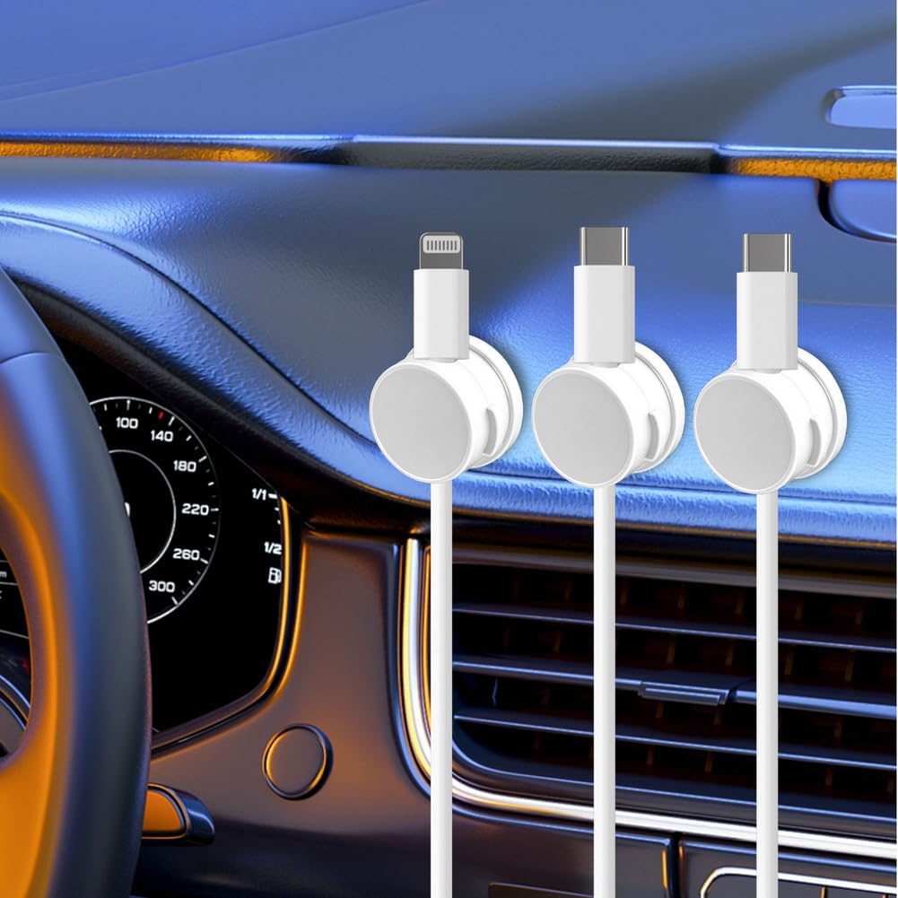 9 Pack Rotatable Magnetic Cord Organizer, Phone Cable Management, Desk Charger Cords Holder, No-Residue Adhesive Cables Clips for Kitchen, Office, Car, Nightstand（White）