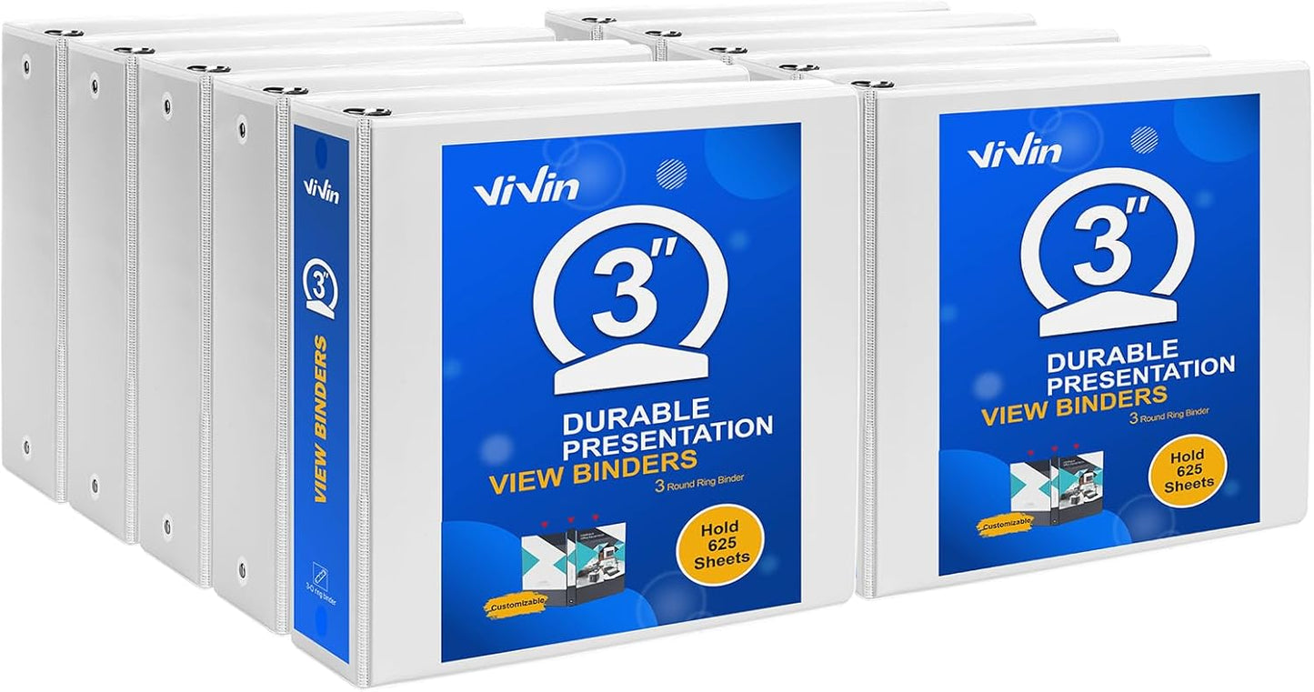 ViVin 3 Ring Binder 3 inch with Clear View Cover, Large 3" Round Ring for Strength, Holds 600 Sheets of US Letter Size Paper, Office Home School, 10 Pack (White)