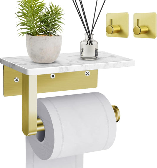 Toilet Paper Holder with Marble Shelf, SUS304 Brushed Gold Stainless Steel Wall Mounted Natural Marble Toilet Paper Holder and 2PCS Adhesive Hooks for Bathroom Washroom