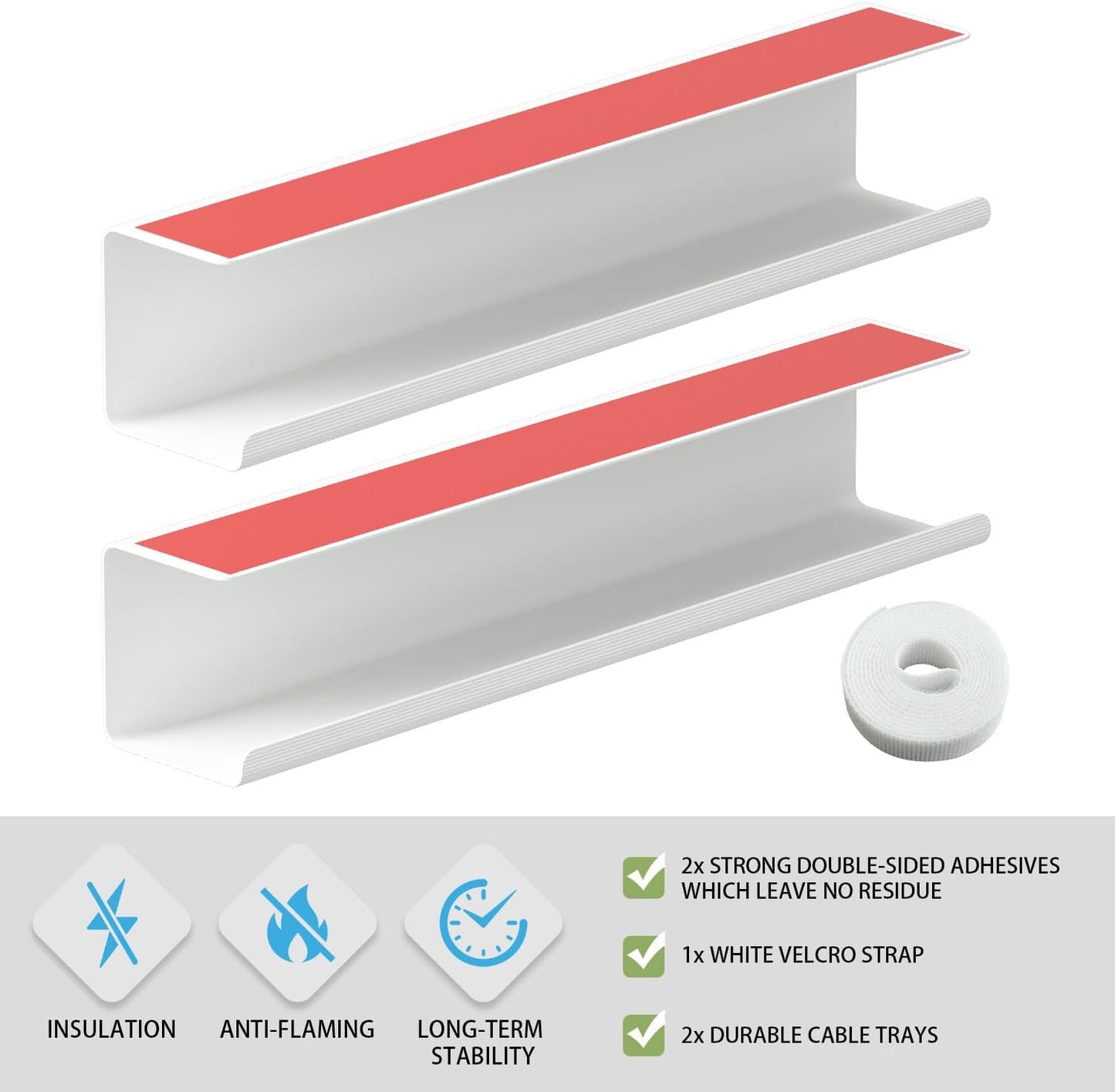 2 Pack No-Screw Cable Management Under Desk, Self-Adhesive Cord Organizer, Wire Management Tray for Office and Home (White)