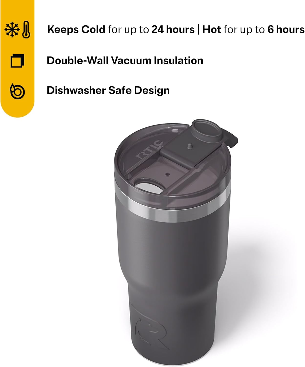 RTIC 20oz Essential Tumbler with Lid, Ceramic Lined, Insulated, Stainless Steel, Metal, Double Wall Vacuum-Insulation, Travel Cup for Iced Coffee, Tea, Hot and Cold Drink, Graphite