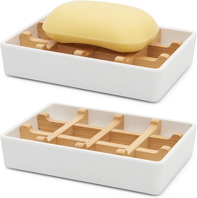 Bamboo Soap Dishes for Shower Wooden Soap Bar Holder for Bathroom Soap Tray Easy to Clean, Durable and with Non-Slip Pads(Single White Square)