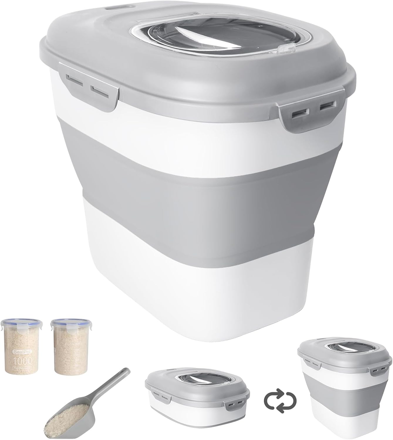 20-50 Lbs Food Storage Container With Wheel, Airtight Locking Lid, Collapsible Rice Container, Flour Storage With Small Container and Scoop, Suitable for Pet Food