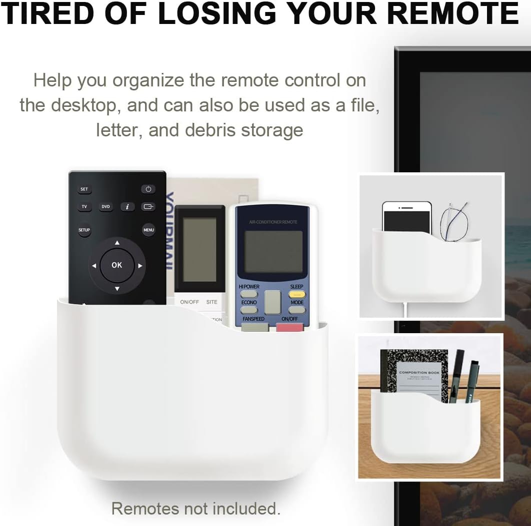 Remote Control Holder Wall Mount Set, Office Supplies Supply Organizer, Bedside Audio-Video Remote Control Shelving, with Self Adhesive Caddy Storage Box, White Wall Phone Stand Mail Sorters
