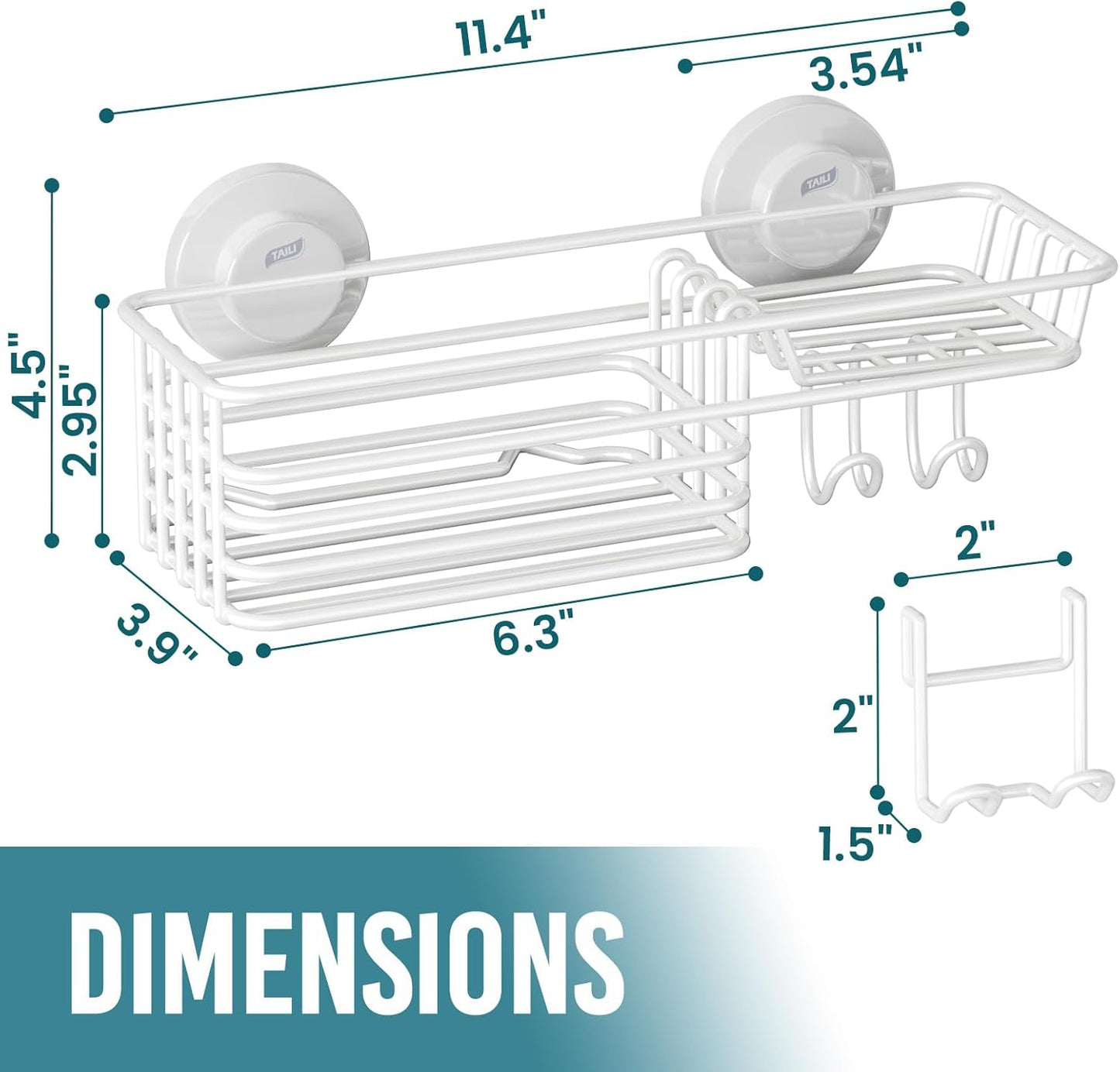 TAILI Shower Caddy Suction Cup with Hooks & Soap Holder, Heavy Duty Bathroom Shower Organizer, No Drilling Shelves for Inside Bathroom, Metal Storage Basket-White