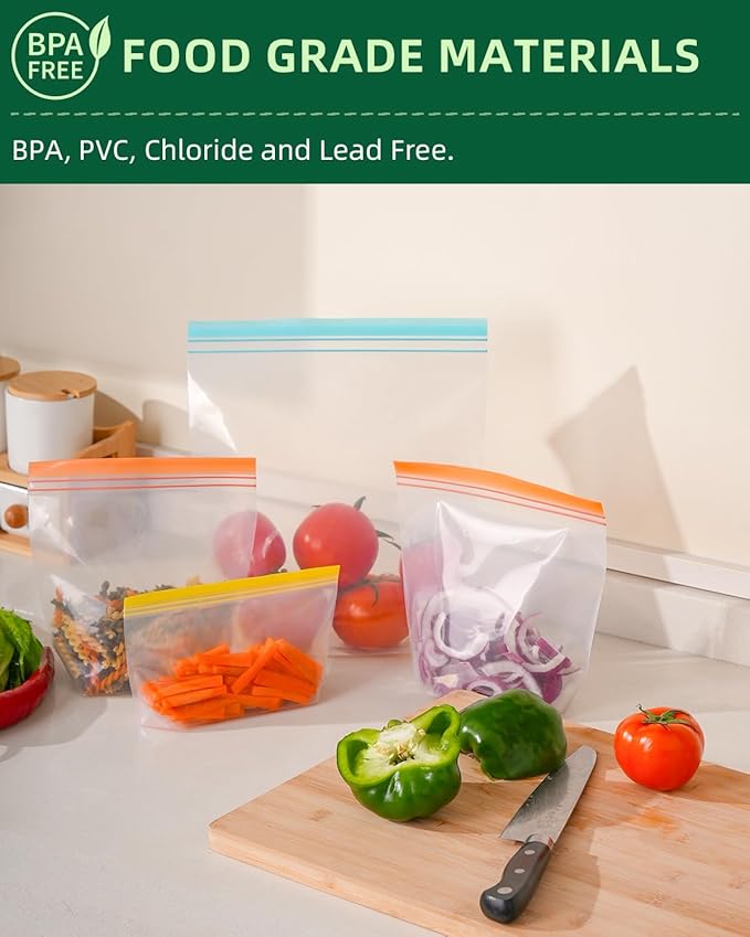 Lerine 22 Pack Reusable Freezer Bags Dishwasher Microwave Safe, Stand Up BPA Free Reusable Sandwich Bags, Leakproof Food Storage Bags for Meal Prep (Multicolor, 8Gallon 8Sandwich 6Snack)