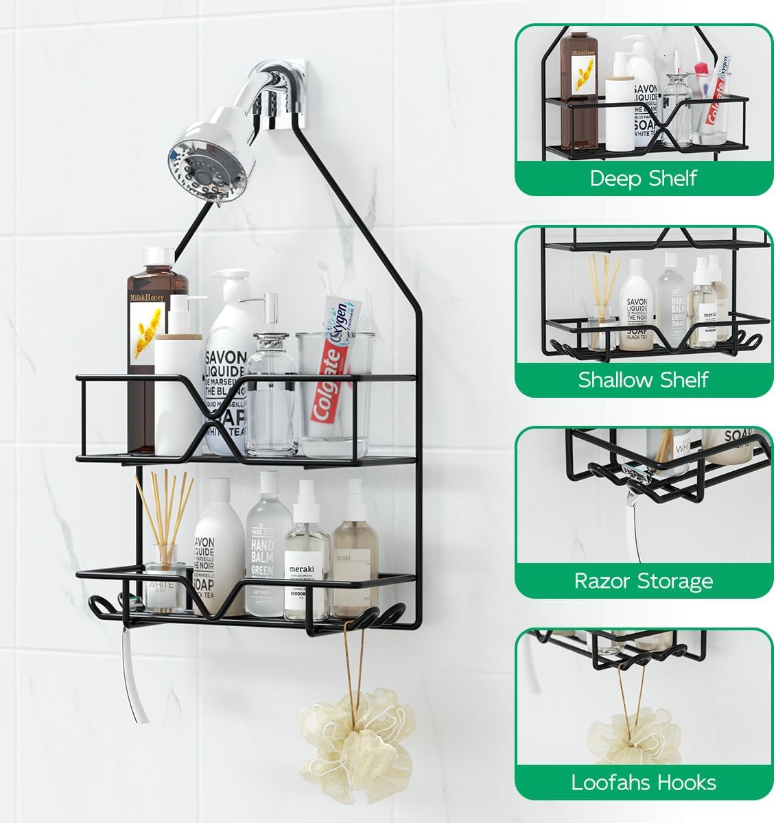 TreeLen Shower Organizer Hanging Caddy over Head - Black Bathroom Shower Hanger for Shampoo Razor Soap