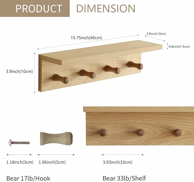 Wall Mount Coat Rack with Shelf, Sturdy Wooden Floating Shelf withHooks Save Your Indoor Space, Wall Organizer siutable for Entryway, Mudroom,Kitchen, Bathroom, etc(Oak Finish)