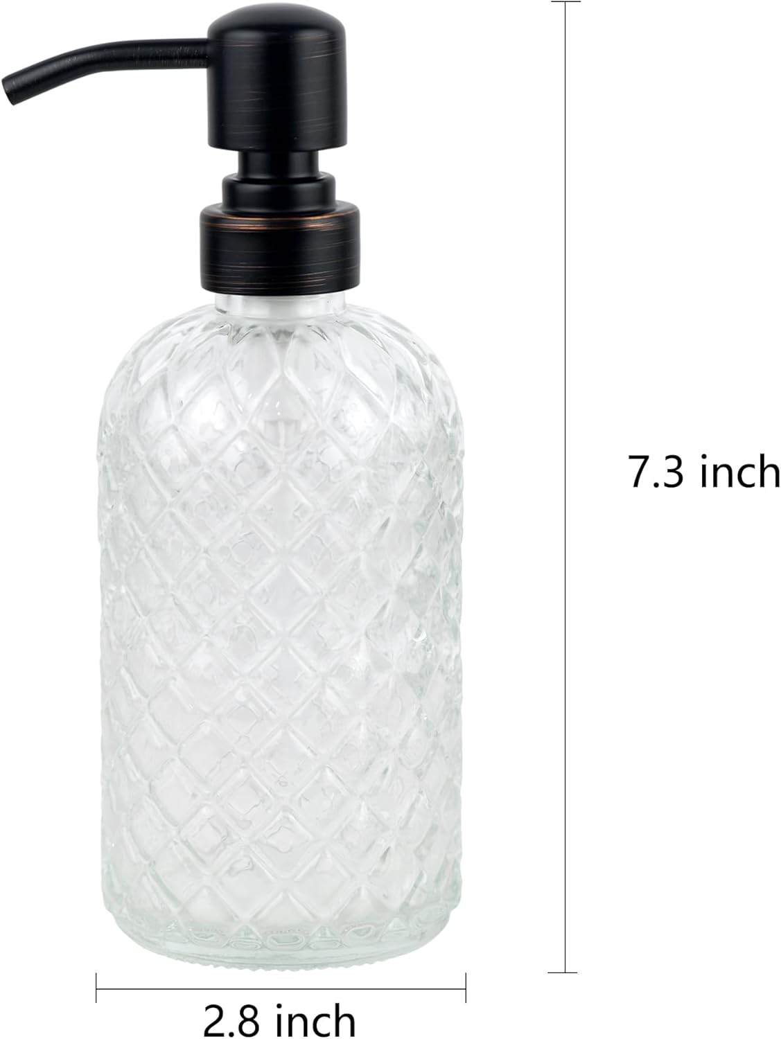 16 oz Glass Soap Dispenser with Stainless Steel Vintage Brushed Bronze Pump Head, Refillable Gemstone Pattern Soap Dispenser for Hand Soap, Dish Soap, and Lotion (Clear)