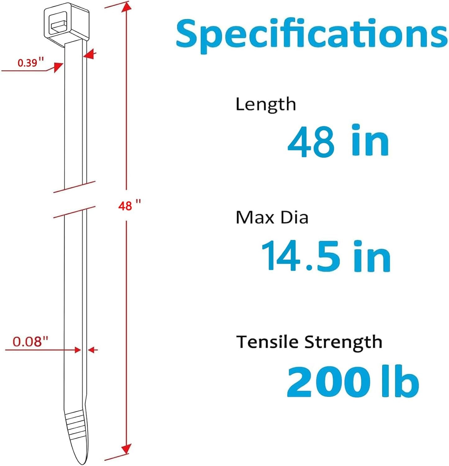 48 inch white heavy duty zip ties, UV-resistant, extra long nylon cable ties, 12 pieces, 200 lb tensile strength