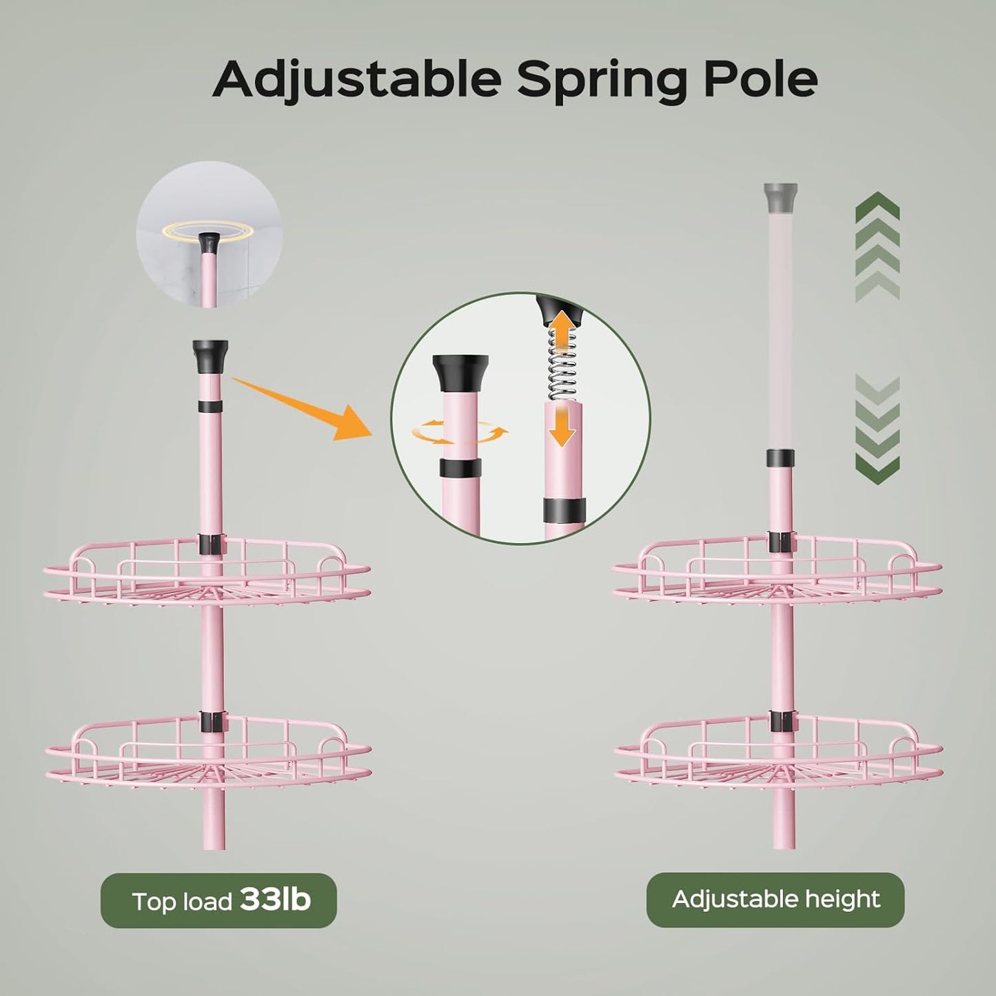 HAMITOR Corner Shower Caddy Tension Pole: 4-Tier Rust-Resistant Adjustable Bathroom Organizer Shelves - 47-121 Inch No-Drill Quick Installation - Space-Saving Storage for Renters Family - Pink