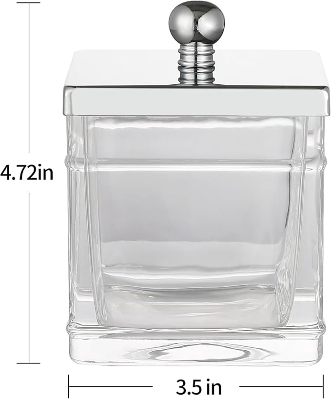 Glass Cotton Jar Holder 2 Pack– Silver/Chrome Lid, Elegant Bathroom Storage Canister for Qtips, Cotton Balls, Floss, Makeup Organizer, Vanity & Bathroom Organization
