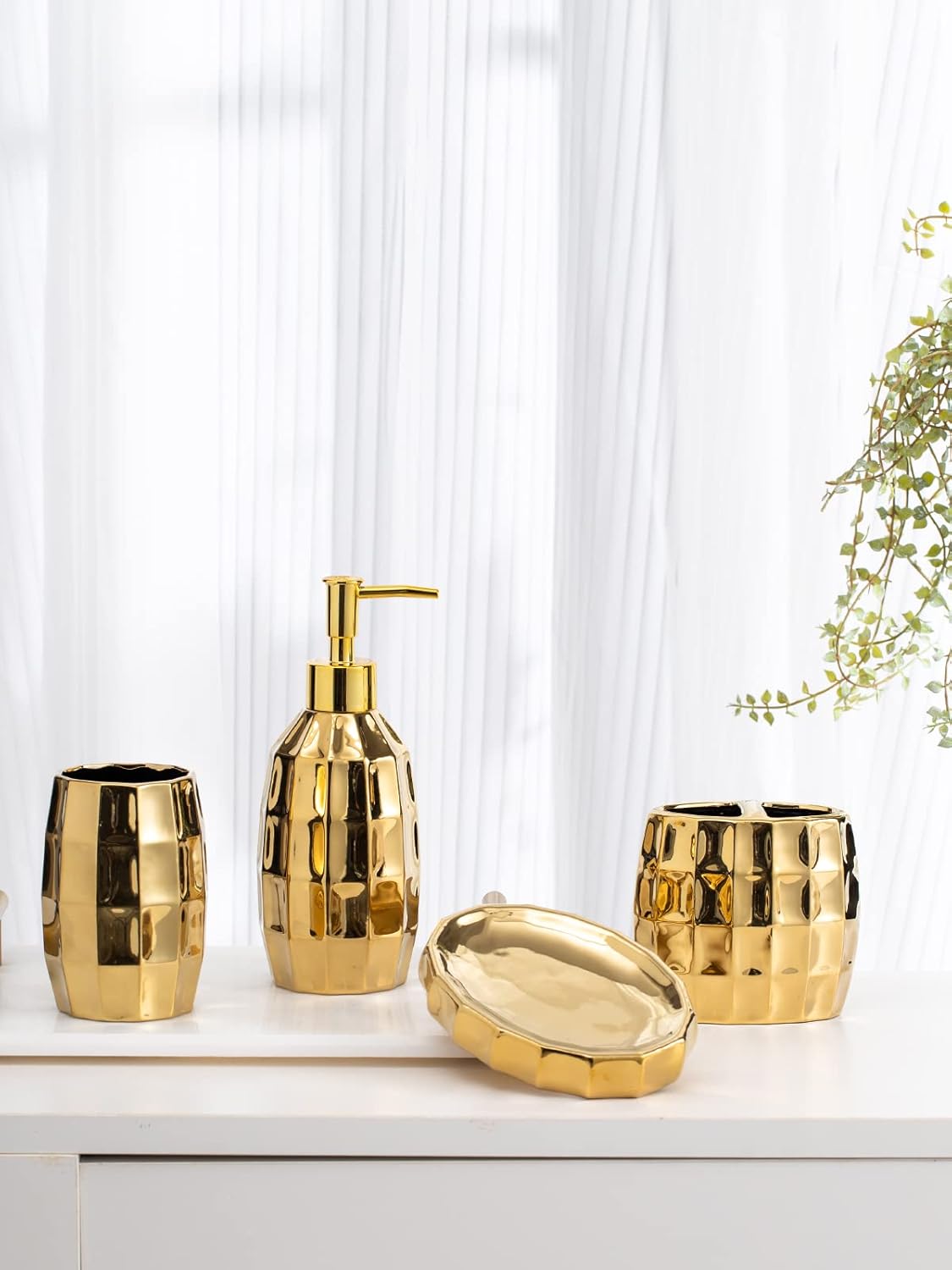 Bathroom Accessories Set, Golden Mosaic Ceramic Bathroom Accessory Sets Include Lotion Dispenser, Toothbrush Holder Tumbler, and Soap Dish