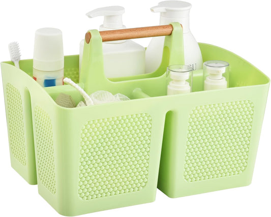 Haundry Plastic Green Shower Caddy Basket with 3 Compartments, Portable Divided Bathroom Cleaning Caddy Organizer Storage Tote with Handle for Dorm, College, Room Essentials