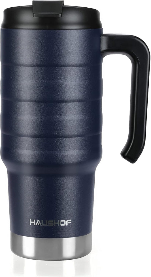 HAUSHOF 24 oz Travel Mug, Stainless Double Wall Vacuum Insulated Tumbler with Handle & Spill Proof Twist On Flip Lid and Wide Mouth, BPA Free (Navy Blue)