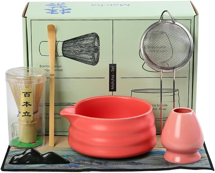 7pcs Complete Matcha Tea Set, Japanese Ceremonial Matcha with Whisk, Holder, Ceramic Bowl, Sifter, Scoop,red