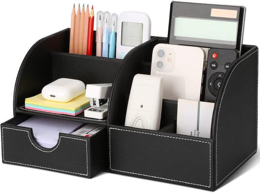 KINGFOM Pu Leather Desk Organizer Pen Pencil Holder Office Supplies Caddy Storage Box 6 Compartments with Drawer Black (Full Pu Leather)
