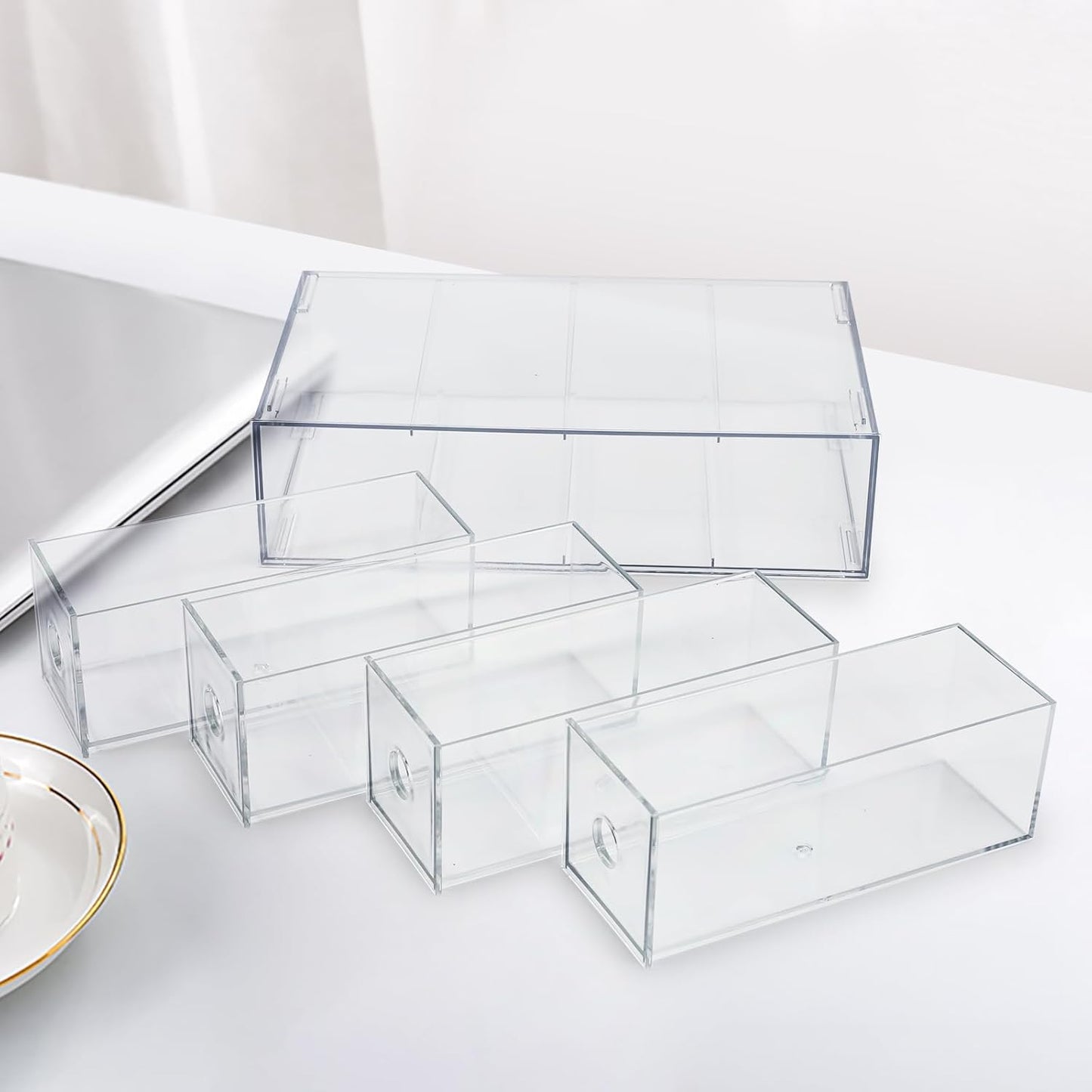3-Pack Stackable Acrylic Storage Drawers, Desk Organizer Transparent Cosmetic Storage Boxes, 4 Compartment Design Suitable for Stationery, Dressing Table, Sunglasses, Jewelry Storage Organization