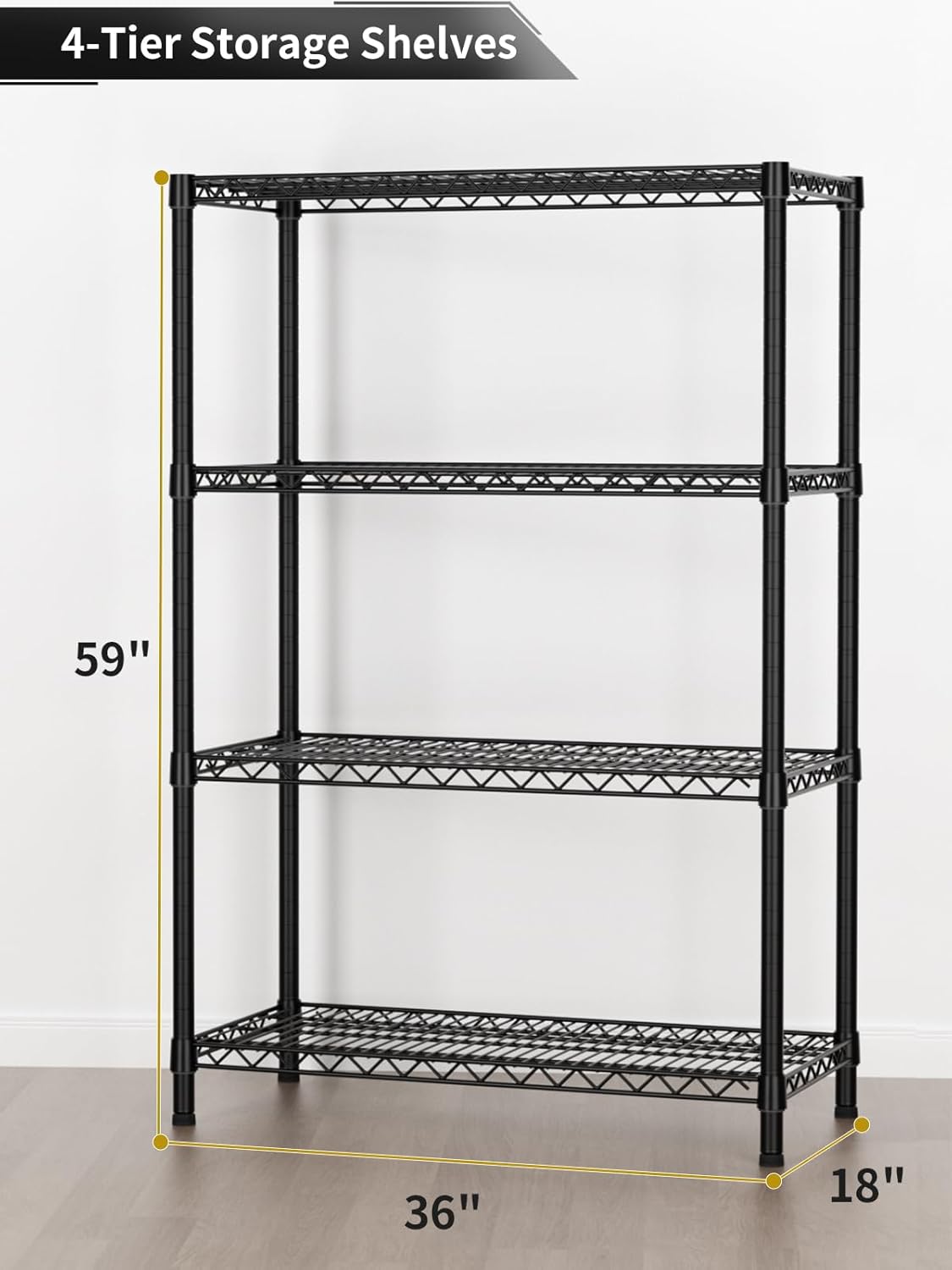 4 Tier Heavy Duty Shelves Adjustable Storage Shelf Organizer Metal Garage Wire Shelving Unit Pantry 18" D x 36" W x 59" H,Black
