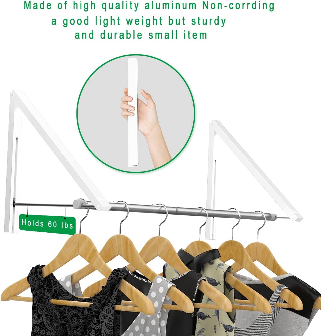 Laundry Room Drying Rack Wall Mounted Clothes Hanger Folding Wall Coat Racks Aluminum Home Storage Organiser Space Savers White 2 Rakcs with Rod