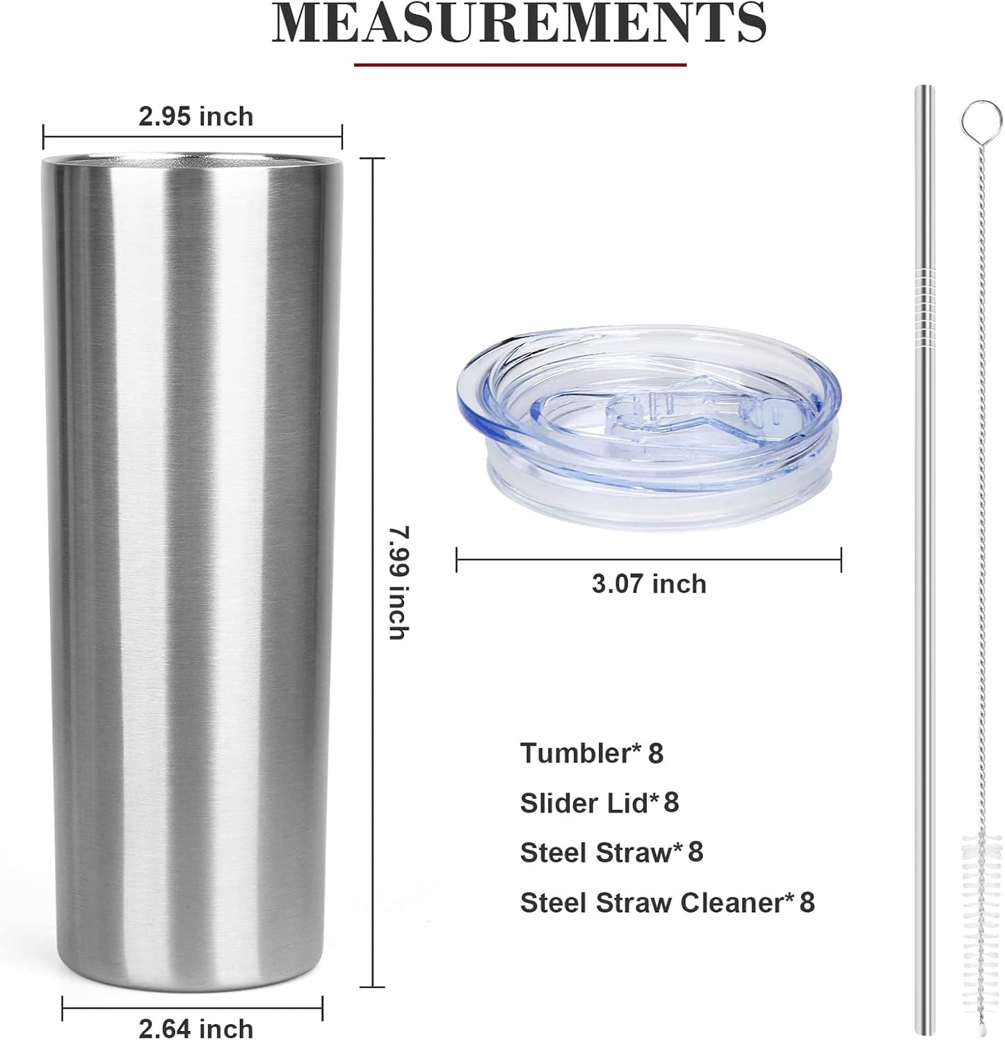 20 oz Skinny Tumblers with Lid and Straw,Stainless Steel Vacuum Insulated Tumbler Cup Double Wall Travel Coffee Mug, Thermal Water Tumbler for Hot and Cold Drinks(Silver,8)