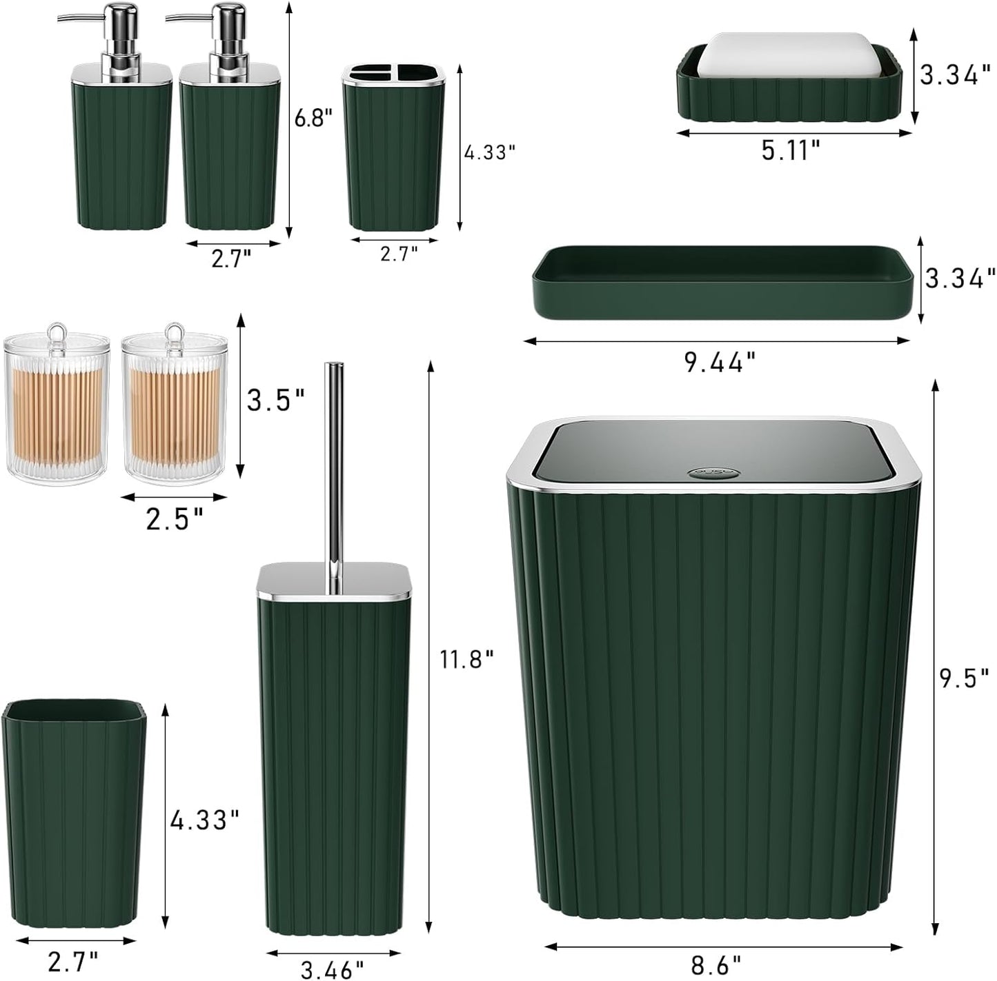 Bathroom Accessories Set - Gorgeous Green Bathroom Set, 10PC Green Bathroom Accessory Set, Bathroom Sets with Toilet Brush, Bathroom Trash Can