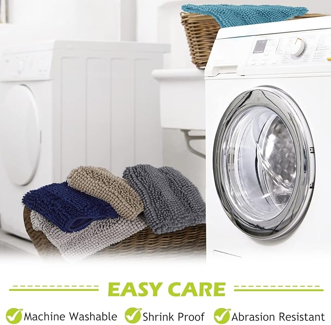 KGORGE Machine Washable Shower Rugs - Water Absorbent Non Slip Soft Quick Dry Shaggy Microfiber Small Bath Mats for Kitchen Floor Tub Shower Entryway, Bluish Green, 47" W x 17" L, 1Pc