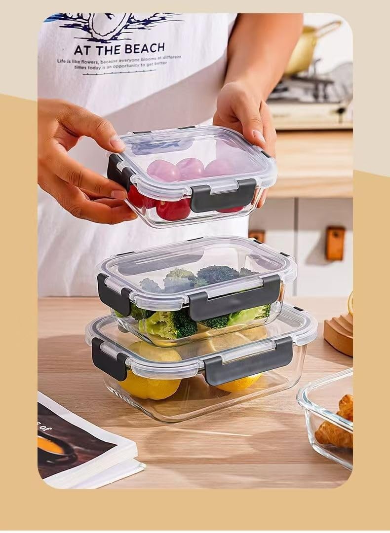 [6-piece set] Glass food preparation and storage containers with lids that provide a good seal. Glass lunch boxes that are microwave, oven, freezer, dishwasher safe. (Rectangle)