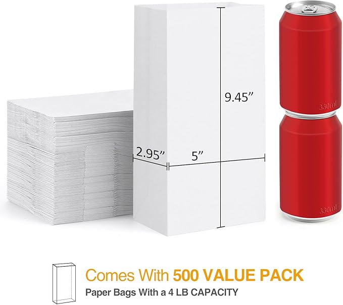 BagDream 500 Pack #4 Standard Lunch Bags, White Kraft Paper Lunch Sacks Bulk for Snacks, Sandwich, Crafts, Party Favor Unbleached Paper Bags 4 lb Capacity
