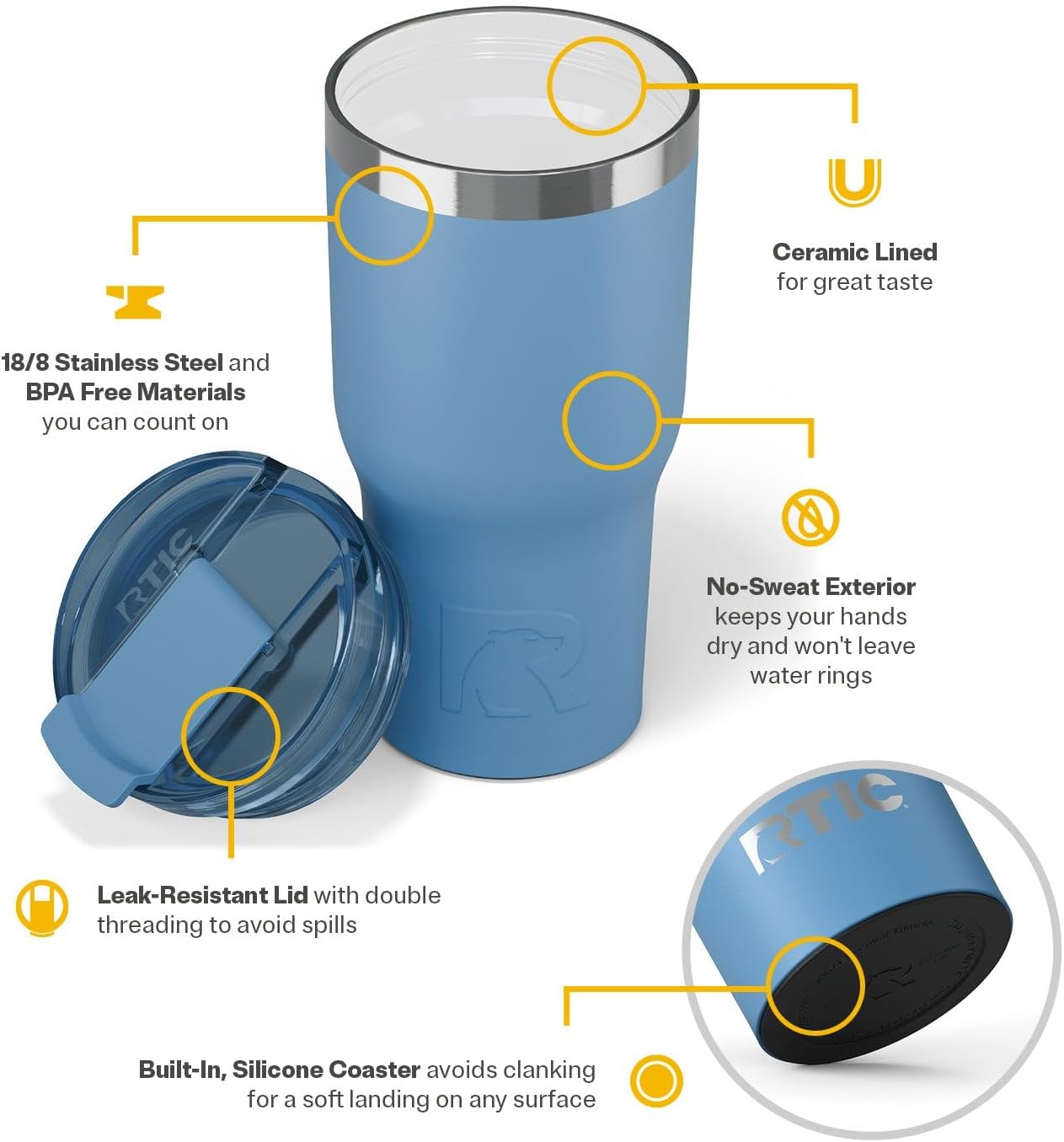 RTIC 20oz Essential Tumbler with Lid, Insulated, Stainless Steel, Metal, Double Wall Vacuum-Insulation, Ceramic Lined, Travel Cup for Iced Coffee, Tea, Hot and Cold Drink, Denim