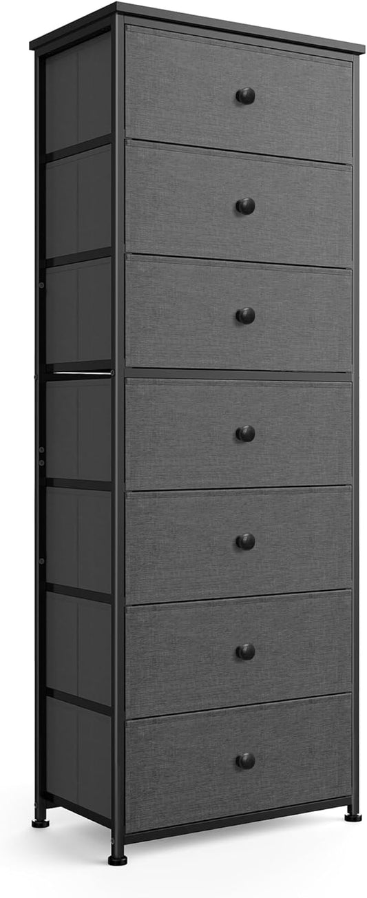 Tall Fabric Dresser for Bedroom, Vertical Storage Organizer Tower with 7 Drawers, Chest of Drawers with Bins, Steel Frame, Wood Top for Bedroom, Closet, Entryway Grey