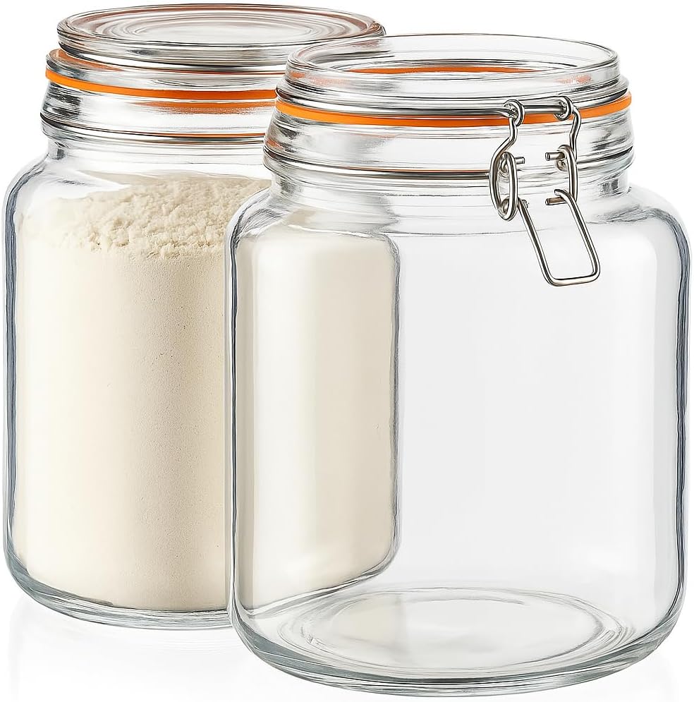 kitchentoolz Half Gallon Glass Large Mason Jars with Airtight Lid - 64oz Wide Mouth Flour & Sugar Container. Also for Sourdough, Pasta, Pickles, Cookies- Flip Top Hinged Closure - 2 Pack
