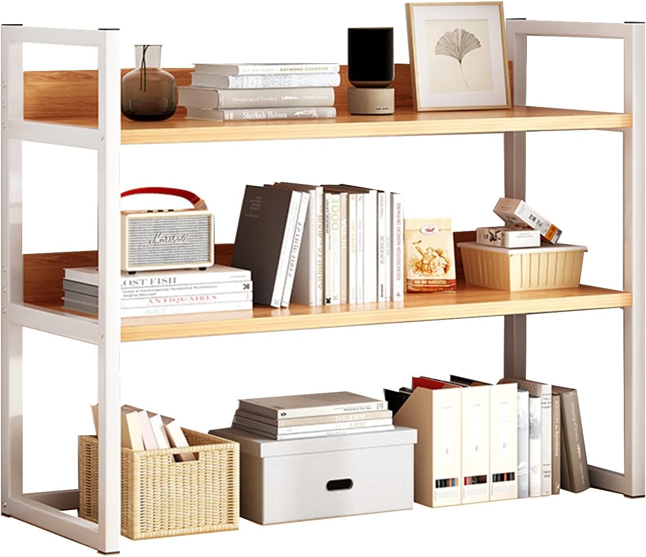 Desktop Bookcase for Computer Desk,2 Tier Adjustable Desk Bookshelf, Wood and Metal Printer Stand Office Supplies Organizers and Storage Display Shelf