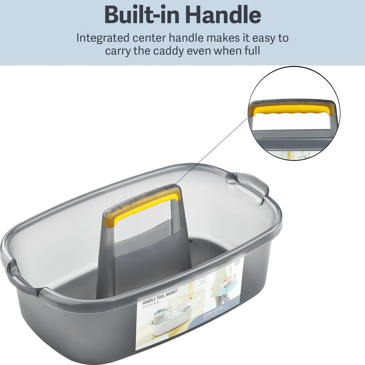 Large Cleaning Caddy with Handle, Cleaning Tool Storage Basket Organizer, Sturdy Pail Bucket Organizer, Household Bucket for Cleaning Supplies - Clear Grey