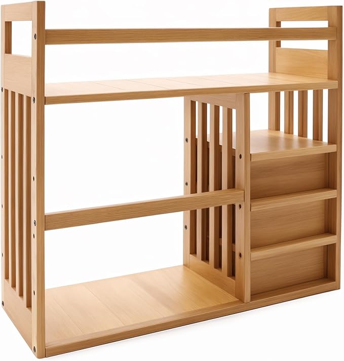 Bamboo Desk Shelves with 3 Drawers Office Desktop Storage Rack Desk Top Document Storage Organizer Rectangular Desktop File Holder Open Design for Office Home School 19.7 * 7.5 * 17.7in