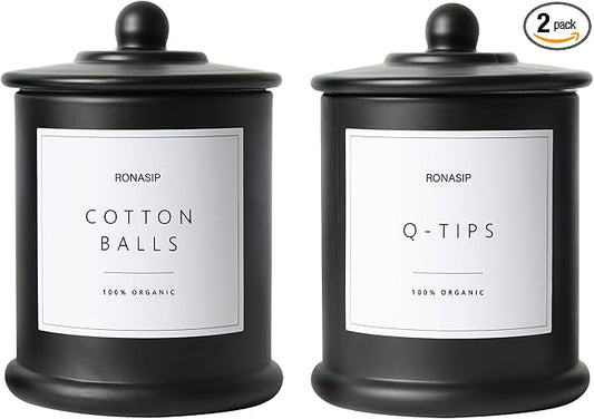 Qtip Holder & Cotton Pad Dispenser, Bathroom Organizer and Storage Canisters, 16oz Glass Apothecary Jars for Kitchen, Restroom - Home Decor Accessories, Room Decor Aesthetic (2 Pack, Black)