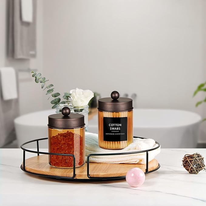 Amolliar Bronze Glass Apothecary Jar With Metal Lid & Stickers, Bathroom Qtip Holder Dispenser Storage Canister, Perfect for Cotton Balls, Cotton Swabs, Makeup Pads, Bath Salt, Floss, 2 Pack (Bronze)