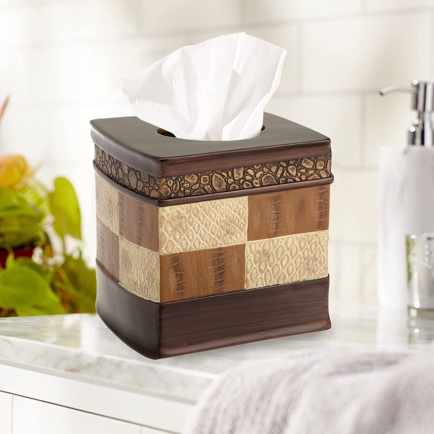 Zahari Home 2pc Zambia Animal Print Bath Accessories Set Waste Basket & Tissue Box Modern Classic Contemporary Decorative Beautiful Designs Bathroom Decor Set for Home Luxury Bath Set