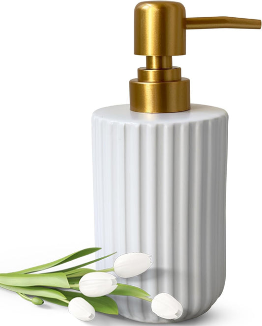 Soap Dispenser for Bathroom,12 Oz Liquid Soap Dispenser for Kitchen,Ceramic Hand Soap Dispenser with Plastic Pump,Simple Style Soap Dispenser (Gold and White Cylindrical Soap Dispenser)