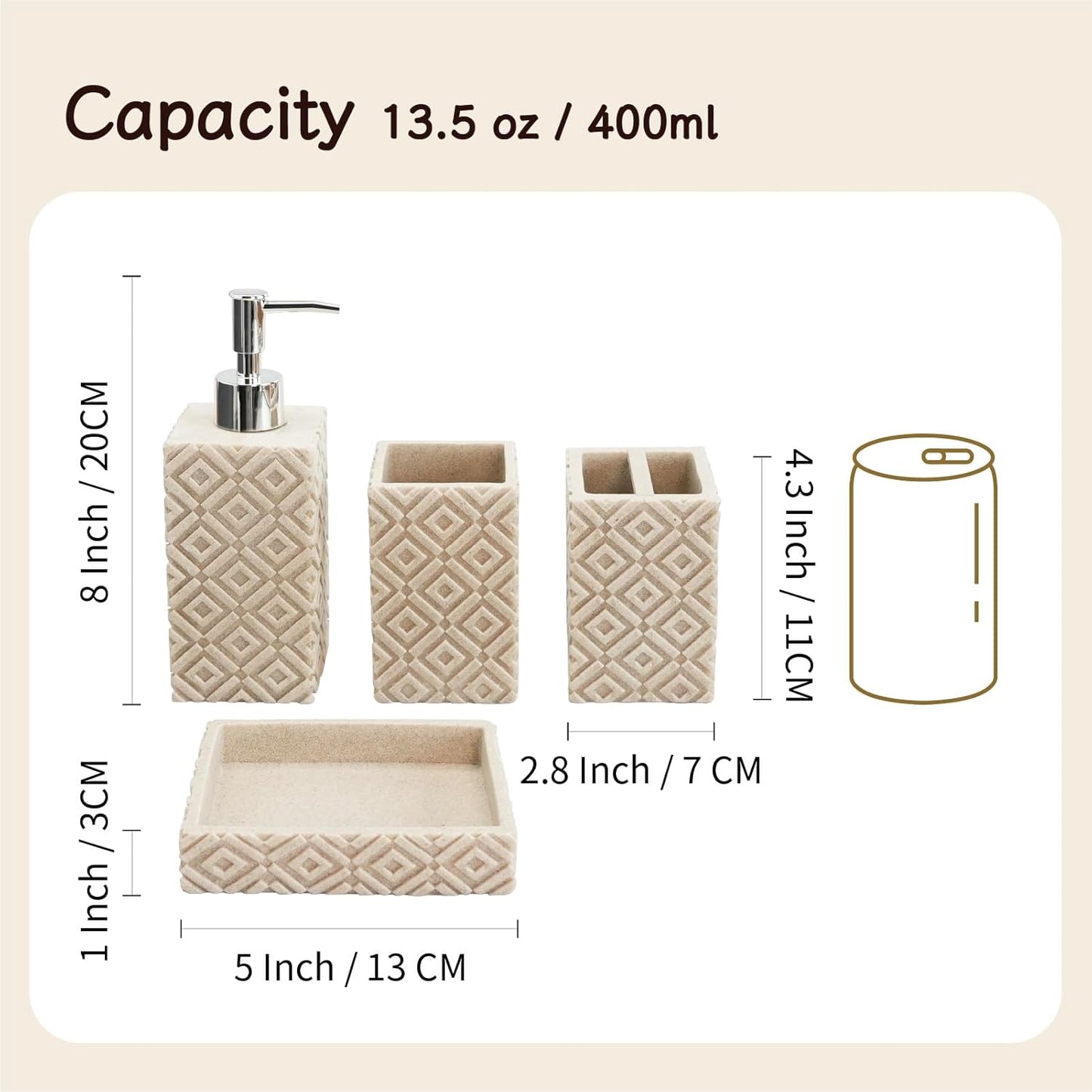 4-Piece Bathroom Accessory Set – Modern Resin & Sandstone Vanity Organizer, Vintage Texture Lotion Dispenser, Toothbrush Holder, Tumbler, Soap Dish (Beige)