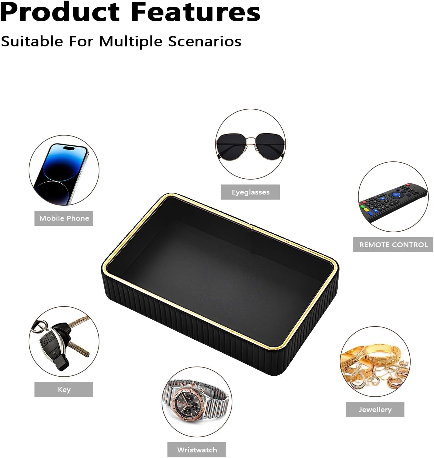 PU Leather Valet Tray,Desk Organizer Tray Nightstand Organizer Trinket Dish Storage Key Bowl Decorative Trays for Phone Wallet Jewelry Watch,Bathroom Bedroom Perfume Vanity Trays,Black