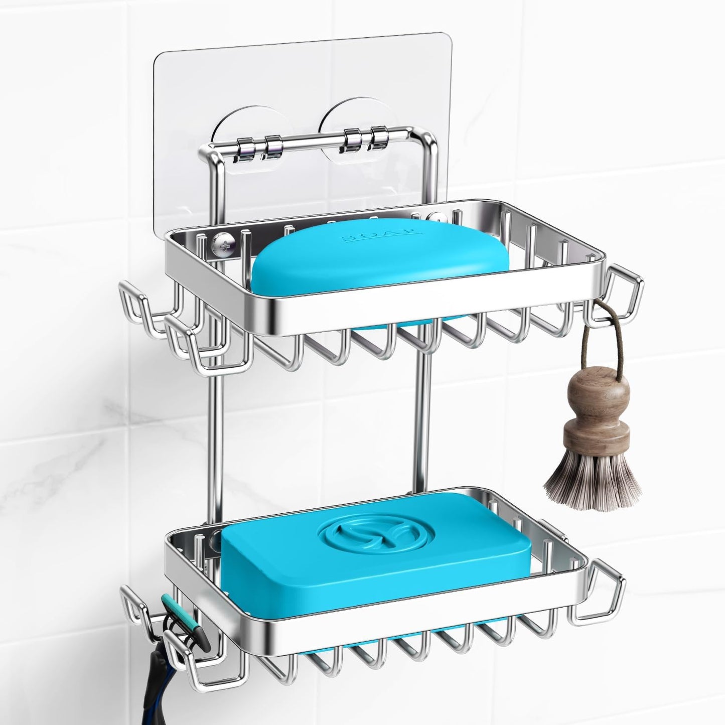 Nieifi Adhesive 2 Tier Bar Soap Holder, Stainless Steel for Shower Wall, Soap Dish for Bathroom, Silver