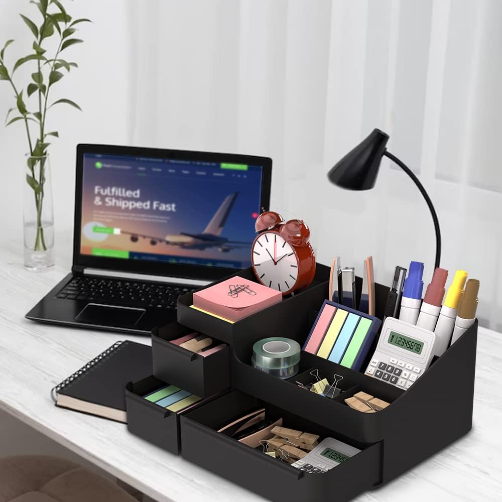 Makeup Organizer for Vanity, Bathroom Countertop Storage Display Boxes Case,Stackable Cosmetic Holder for Jewelry Hair Accessories Beauty Skincare Product Organizing with drawer organizer tray, Black