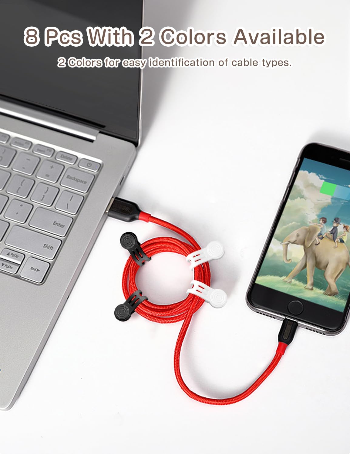 Kanemc Magnetic Ties For Cords, Cord Wrap Silicone Zip Ties Twist Ties Magnet Strap For Charging Cords Date Cable Earphone Video Game USB (8-Pack, Black And White)